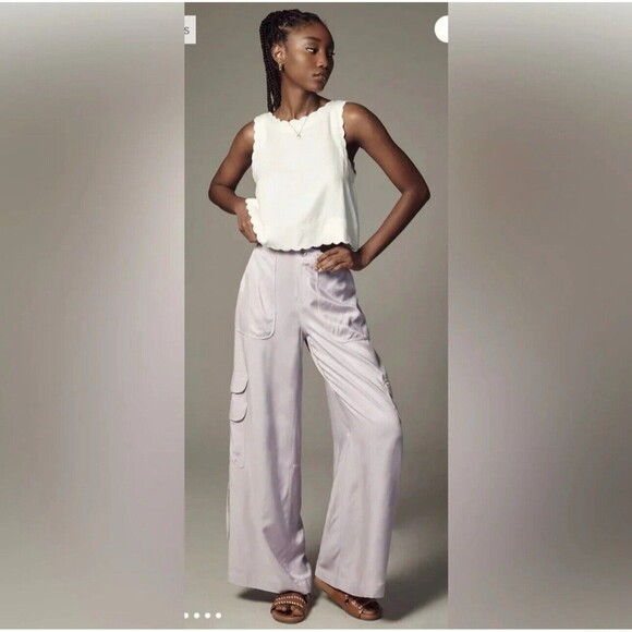 By Anthropologie Palazzo Utility Pants Cargo Wide Leg Lilac Purple Pull On Sz 10 - Picture 2 of 16